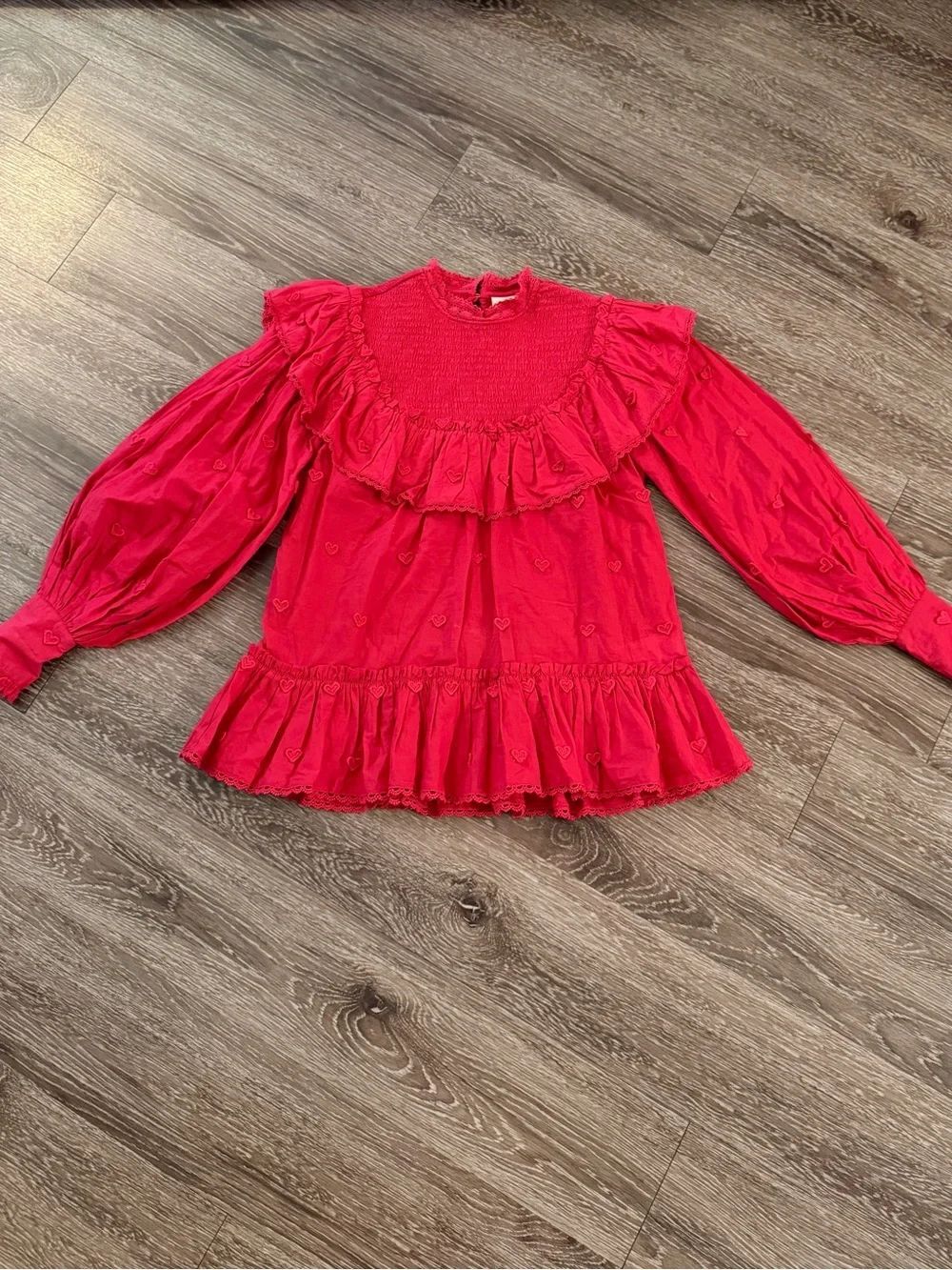 FARM RIO Heart Appliqué Cotton Blouse Red